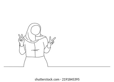 Drawing of smiling young asian muslim woman showing peace sign with fingers. One line art
