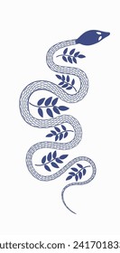 Drawing of a snake crawling between plants. Vintage tattoo design. Vector illustration