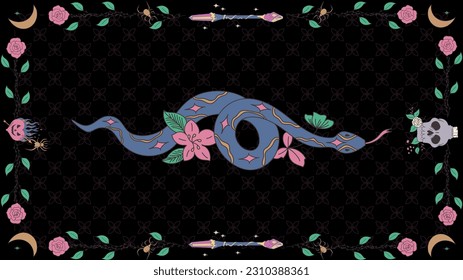 A drawing of a snake and flowers in tarot theme