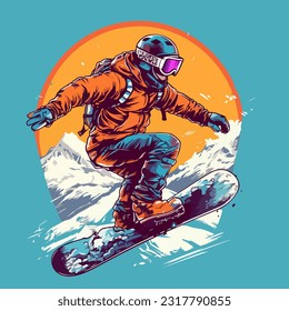 Drawing of a snowboarder riding on the background of mountains and sunset. For your design