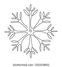 Drawing snowflakes with one continuous line. Abstract snowflake with single line on white isolated background. Simple Christmas vector illustration.