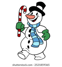 a drawing of snowman wearing green glove holding big candy cane