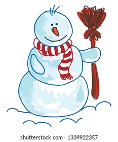 A drawing of a snowman wearing a red and white striped muffler and holding a red broom in one hand vector color drawing or illustration