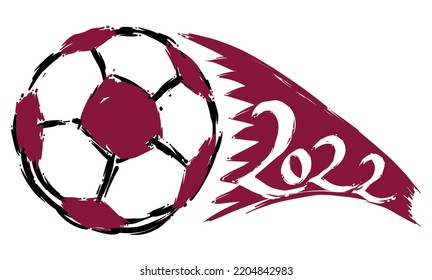 Drawing Of A Soccer Ball In Brush Strokes Style And Maroon Splash Like Qatar Flag To Celebrate Soccer Event In 2022.