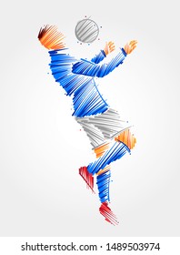 Drawing of soccer player jumping to dominate the ball in the chest made with blue and grayscale brush strokes