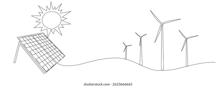 Desenho de painéis solares e turbinas eólicas por uma linha contínua. Conceito de energia verde solar e eólica renovável. Traçado editável de vetor em estilo linear simples .