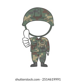 Um desenho do personagem do soldado com um polegar para cima. com um recorte para o rosto.