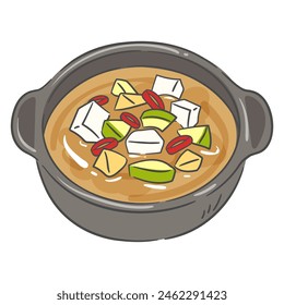 A drawing of soybean paste stew in an earthenware pot