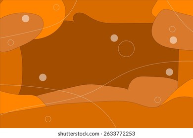 A drawing of a space with a brown background and orange circles. The circles are scattered throughout the image, with some closer to the foreground and others further back. Scene is one of exploration