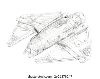 A drawing of a space ship with a white background. The drawing is in black and white and is very detailed. Scene is one of mystery and adventure, as the space ship is depicted as a sleek. Isometric vi