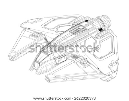 A drawing of a spaceship with a black background. The ship is a fighter jet with a large cockpit and a small cockpit. The ship is in the middle of the drawing and is the main focus. Isometric view