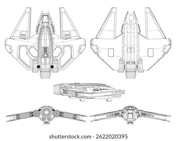 Un dibujo de una nave espacial con un fondo negro. La nave espacial se muestra desde el lado y el frente