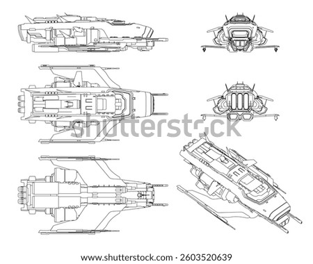 A drawing of a spaceship with a white background. The spaceship is shown from different angles, with the top and bottom views being the most prominent. The spaceship is sleek and modern