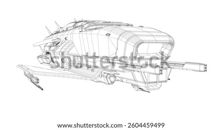 A drawing of a spaceship with a white background. The spaceship is shown from different angles, with the top and bottom views being the most prominent. The spaceship is sleek and modern