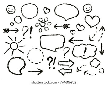 Drawing speech bubbles. Crayon arrows, heart shape, smile, sign, symbols funny set. Black charcoal, wax chalk or pencil like kid`s hand drawn doodle child style sketch design elements, vector.