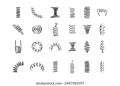 Drawing spiral set. Hand drawn Metal coil spiral icons. Doodle flexible coils, wire spring symbols . Vector illustration