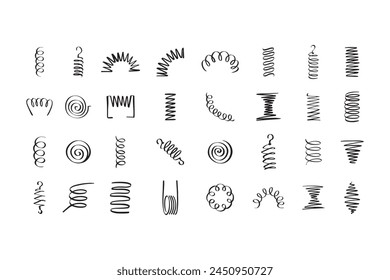 Drawing spiral set. Hand drawn Metal coil spiral icons. Doodle flexible coils, wire spring symbols . Vector illustration