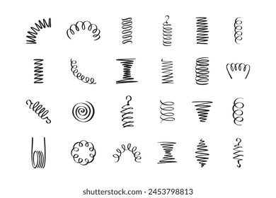 Drawing spiral set. Hand drawn Metal coil spiral icons. Doodle flexible coils, wire spring symbols . Vector illustration