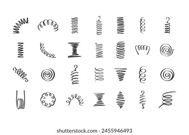 Drawing spiral set. Hand drawn Metal coil spiral icons. Doodle flexible coils, wire spring symbols . Vector illustration