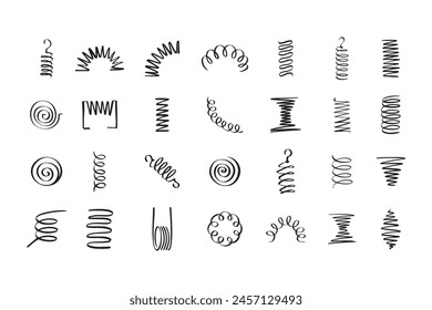 Drawing spiral set. Hand drawn Metal coil spiral icons. Doodle flexible coils, wire spring symbols . Vector illustration