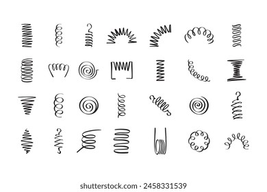 Drawing spiral set. Hand drawn Metal coil spiral icons. Doodle flexible coils, wire spring symbols . Vector illustration