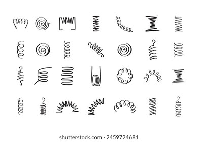 Drawing spiral set. Hand drawn Metal coil spiral icons. Doodle flexible coils, wire spring symbols . Vector illustration