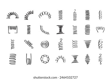 Zeichnungsspirale gesetzt. Hand gezeichnete Metall-Spirale Spirale Icons. Doodle flexible Spulen, Drahtfedersymbole. Vektorillustration