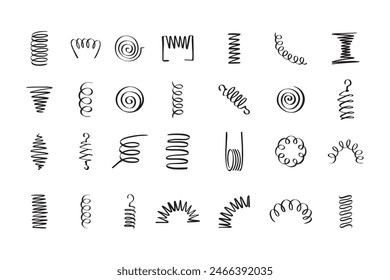 Drawing spiral set. Hand drawn Metal coil spiral icons. Doodle flexible coils, wire spring symbols . Vector illustration