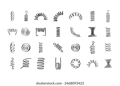 Drawing spiral set. Hand drawn Metal coil spiral icons. Doodle flexible coils, wire spring symbols . Vector illustration