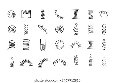 Drawing spiral set. Hand drawn Metal coil spiral icons. Doodle flexible coils, wire spring symbols . Vector illustration