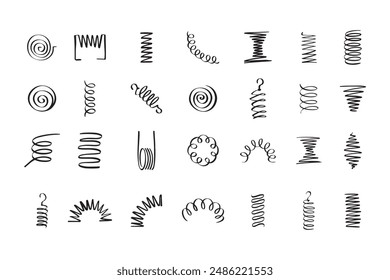 Drawing spiral set. Hand drawn Metal coil spiral icons. Doodle flexible coils, wire spring symbols . Vector illustration