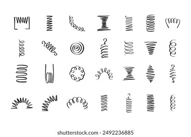 Conjunto de espiral de dibujo. Iconos de espiral de bobina de metal dibujado a mano. Doodle bobinas flexibles, símbolos de resorte de alambre . Ilustración vectorial