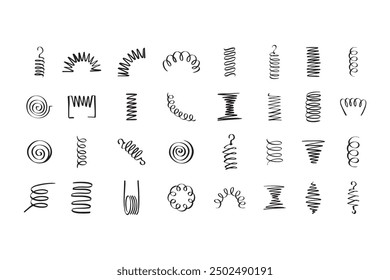 Drawing spiral set. Hand drawn Metal coil spiral icons. Doodle flexible coils, wire spring symbols . Vector illustration