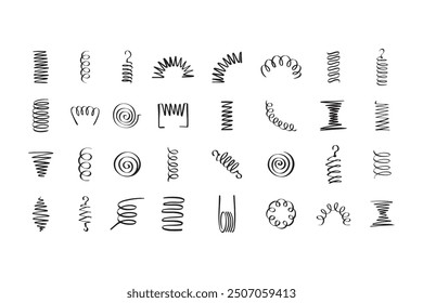 Drawing spiral set. Hand drawn Metal coil spiral icons. Doodle flexible coils, wire spring symbols . Vector illustration