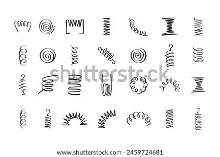 Drawing spiral set. Hand drawn Metal coil spiral icons. Doodle flexible coils, wire spring symbols . Vector illustration