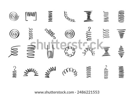 Drawing spiral set. Hand drawn Metal coil spiral icons. Doodle flexible coils, wire spring symbols . Vector illustration