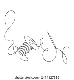 Drawing of the spool of thread and needle is a continuous line. Linear silhouette drawn by hand. Vector editable contour