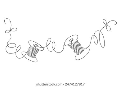 Drawing of the spool of thread and needle is a continuous line. Linear silhouette drawn by hand. Vector editable contour