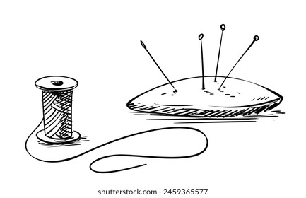 Drawing of spool of thread, needle and pins in decorative cushion, Vector sketch, Hand drawn illustration