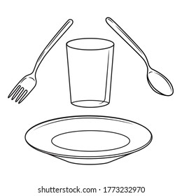 drawing of a spoon,fork,plate and glass for children's education
A isolated on white background.Top view