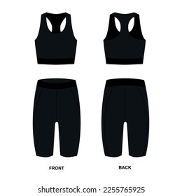 Drawing of a sports bra and cycling shorts in black, vector. Shapewear sketch, vector. Crop top and shorts for running, fitness, swimming, yoga, Pilates, cycling, etc.