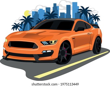 Drawing of a sports car of orange color created in vector graphics on the background of the city.