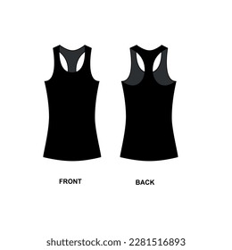 Drawing of a sports jersey in black, vector. Women's t-shirt template, front and back view. Knitted tank top with crew neck, vector.