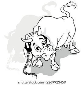 Drawing of a Spotted Cow with Headphones Listens to Music - Cartoon Illustration Isolated on White Background, Vector