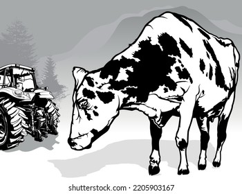 Drawing of Spotted Dairy Cow from Front View - Black Illustration with Grayscale Background, Vector