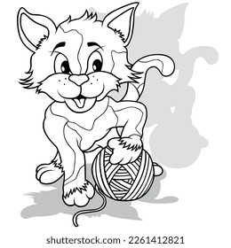 Drawing of a Spotted Kitty with a Ball of Wool - Cartoon Illustration Isolated on White Background, Vector