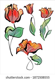 
Dibujo primavera digital de la moda vectorial conjunto de gráficos con patrón floral para el logotipo de diseño con tulipán