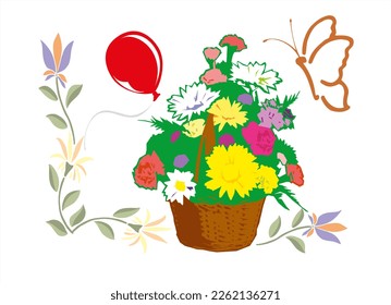 drawing spring flowers in a basket butterfly and ball
