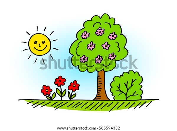 Drawing Spring Landscape Stock Vector Royalty Free 585594332