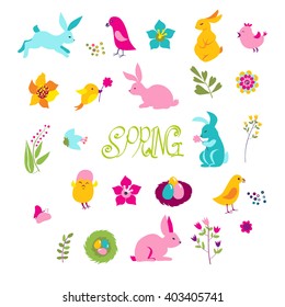 drawing spring set. rabbits, birds and flowers